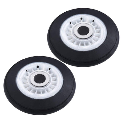 Two 4581EL3001E dryer drum roller replacements with black rubber tires and white plastic hubs for LG and Kenmore dryers.