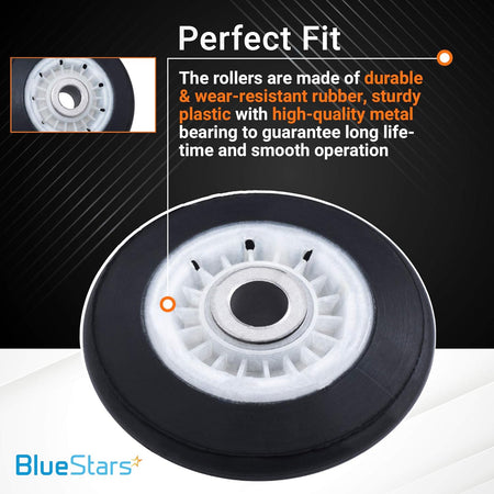 Close-up of 4581EL3001E dryer drum roller featuring a durable rubber tire, white plastic wheel, and metal center bearing.