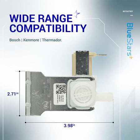 807047901 dishwasher water inlet valve with dimensions shown for Frigidaire and Kenmore compatibility.