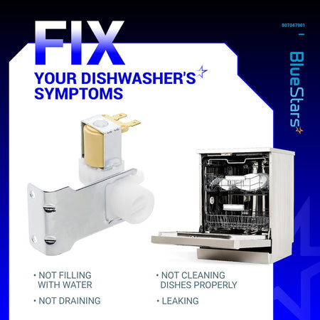 807047901 dishwasher water inlet valve replacement part shown with common appliance repair symptoms.
