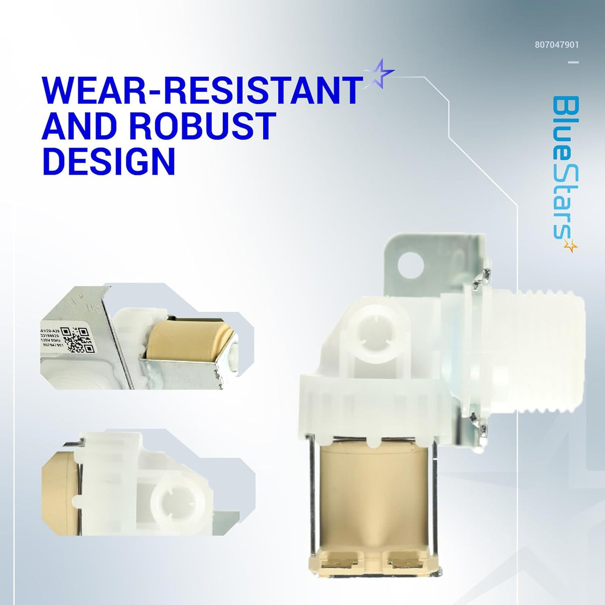 807047901 dishwasher water inlet valve replacement showing multiple angles and close-up details for Frigidaire and Kenmore.