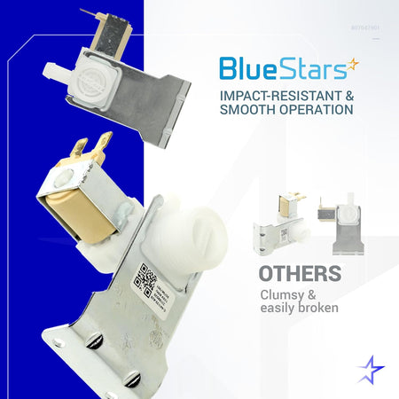 Comparison graphic showing BlueStars dishwasher water inlet valve 807047901 versus lower quality alternatives.