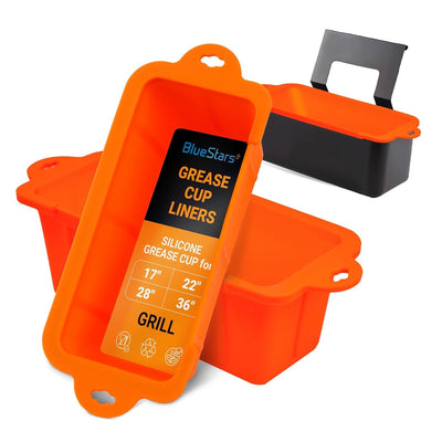 Two orange silicone grease cup liners for Blackstone griddles, one shown inside a black drip pan.