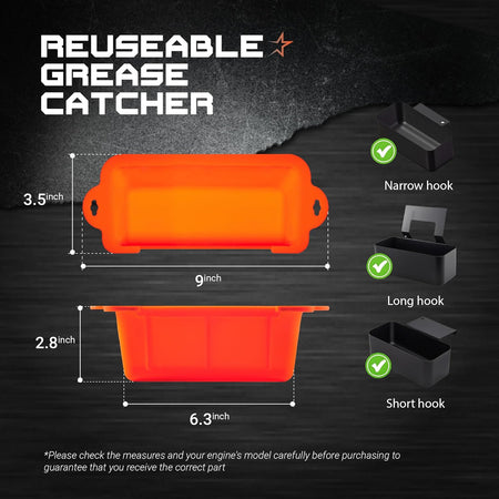 Dimensions diagram of reusable silicone grease cup liner for Blackstone griddles showing hook compatibility.