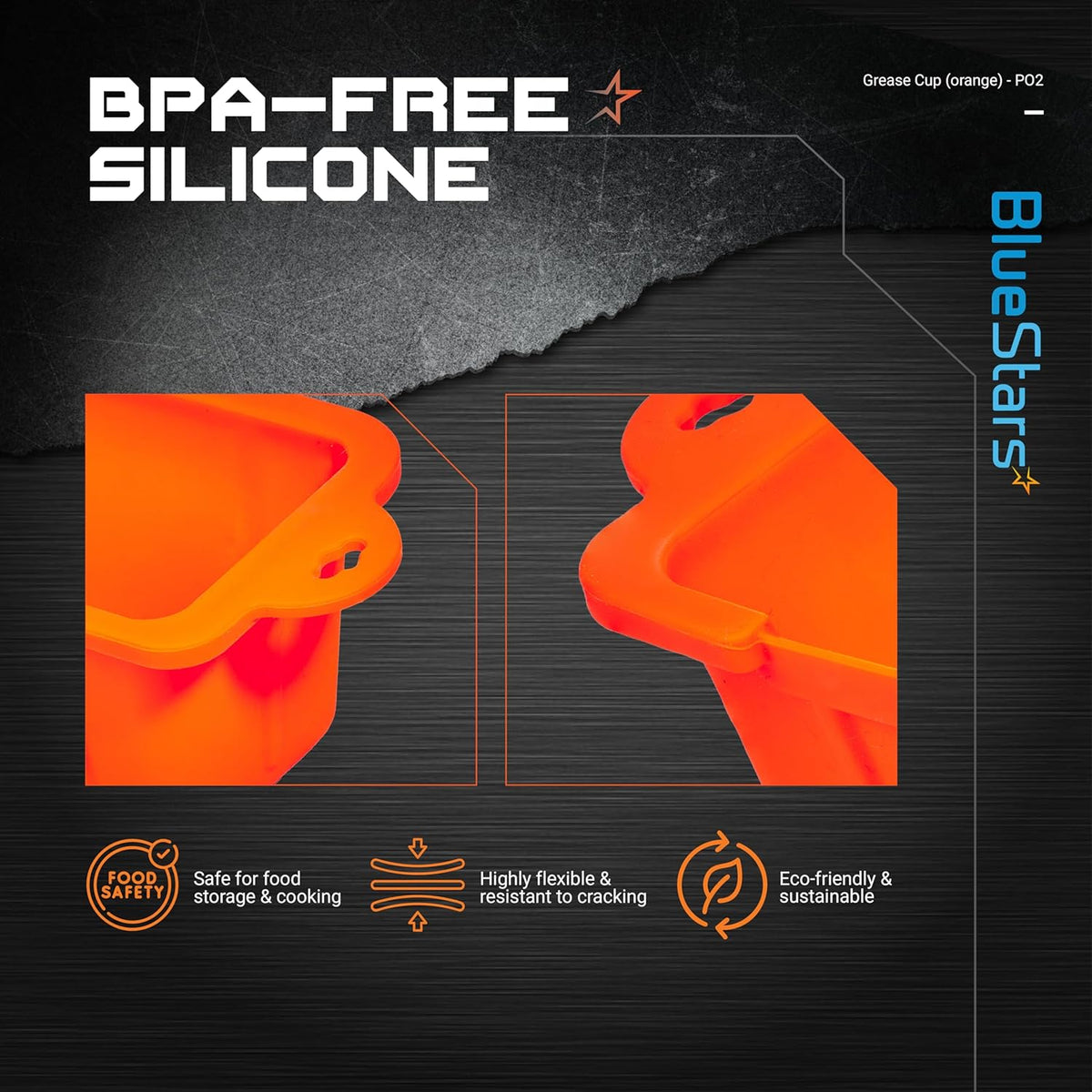 Close-up of orange silicone grease cup liners for Blackstone griddles showing flexible material and rim detail.