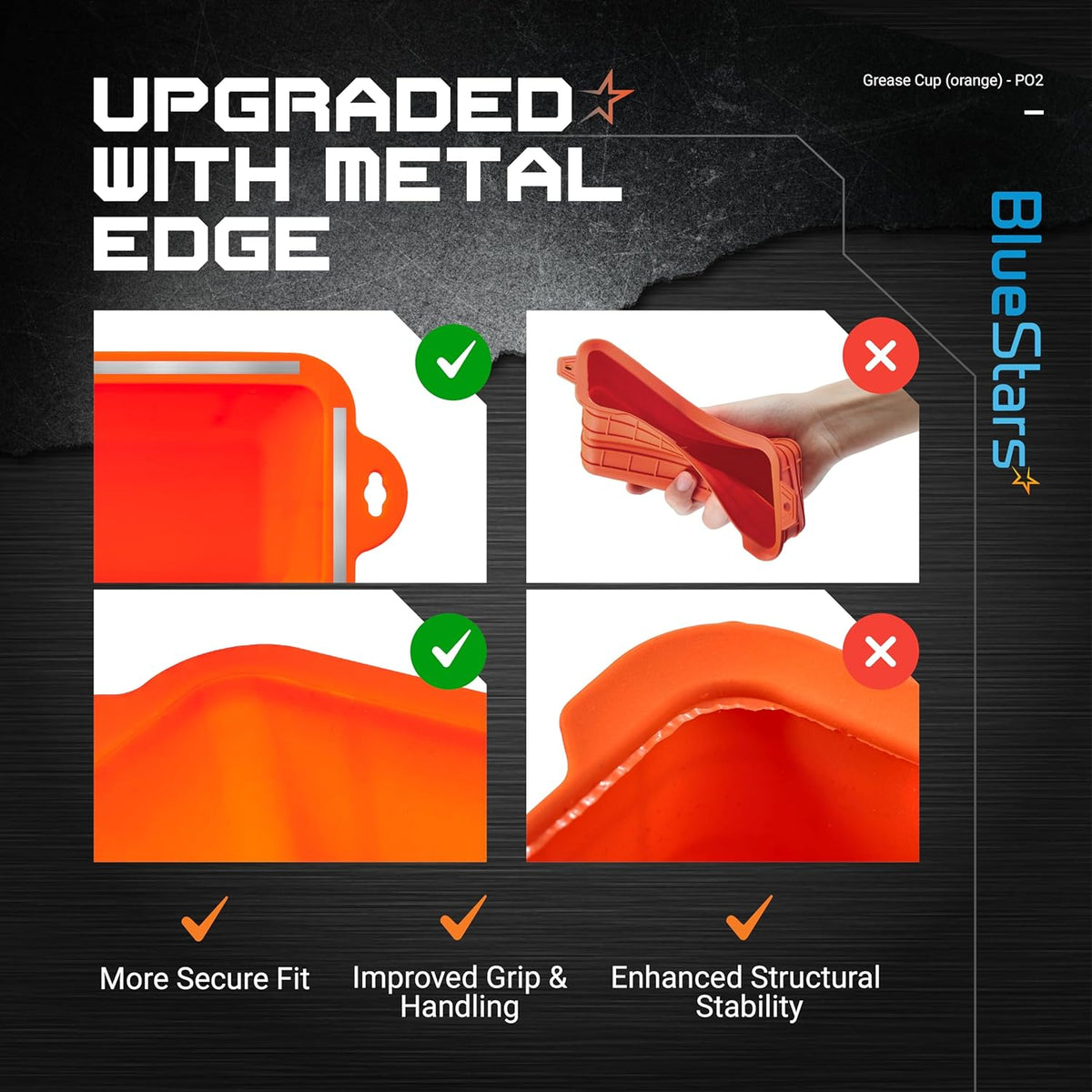 Comparison chart showing silicone grease cup liners with reinforced metal edges for Blackstone griddles.