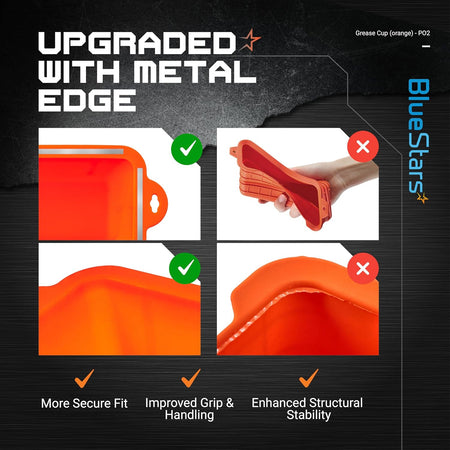Comparison chart showing silicone grease cup liners with reinforced metal edges for Blackstone griddles.