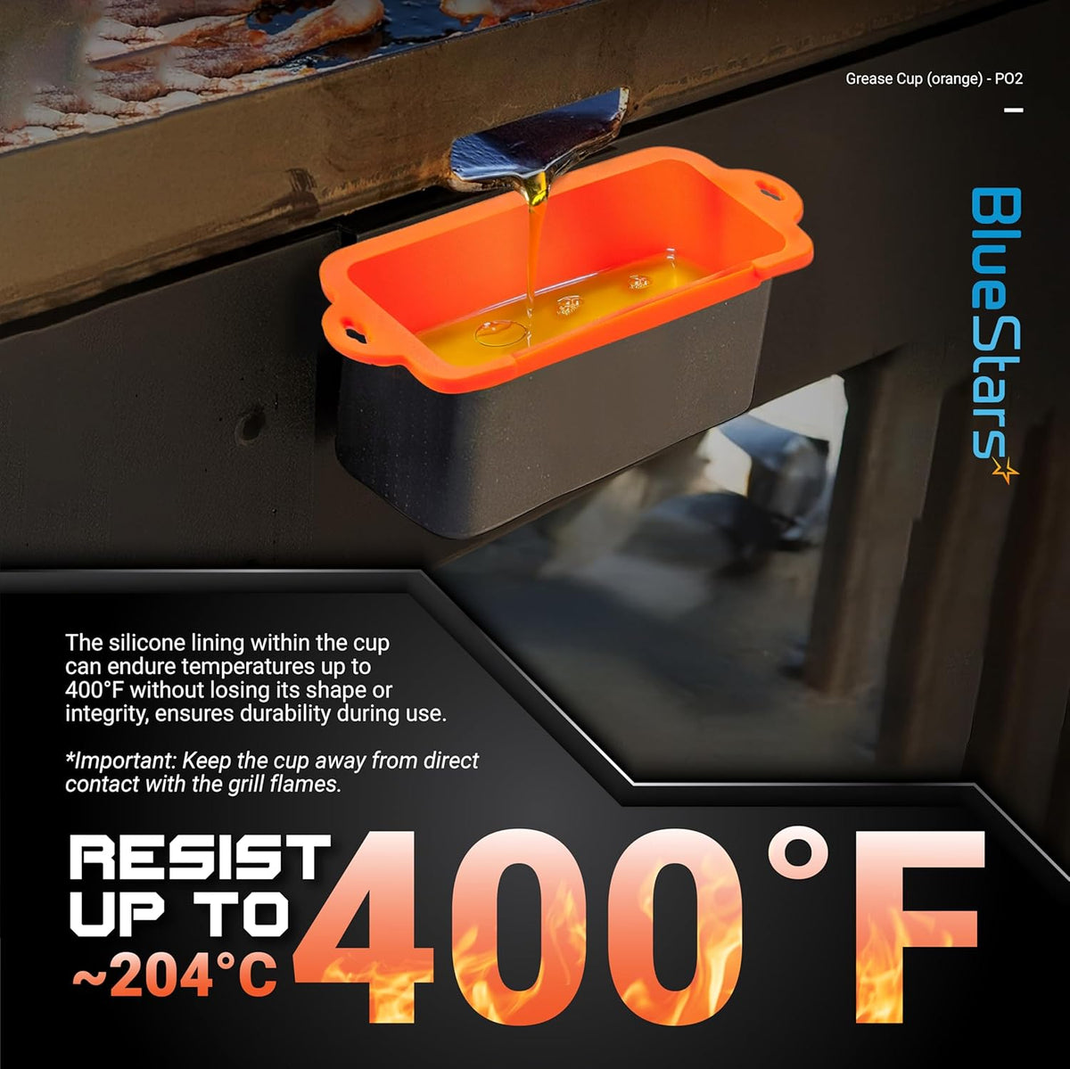 Orange silicone grease cup liner installed on a Blackstone griddle catching oil, heat-resistant up to 400°F.