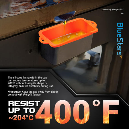 Orange silicone grease cup liner installed on a Blackstone griddle catching oil, heat-resistant up to 400°F.