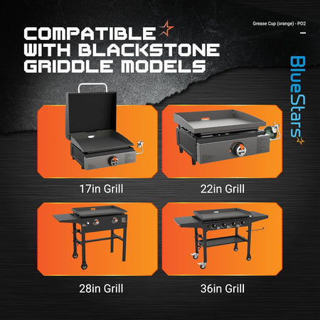 Compatibility chart showing Blackstone griddle models 17, 22, 28, and 36 inch for silicone grease cup liners.