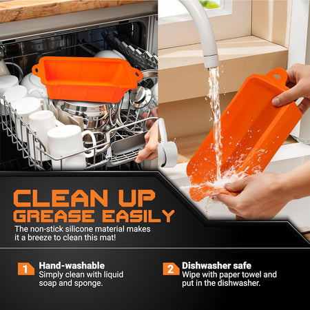 Silicone grease cup liner for Blackstone griddles being hand-washed in a sink and cleaned in a dishwasher.
