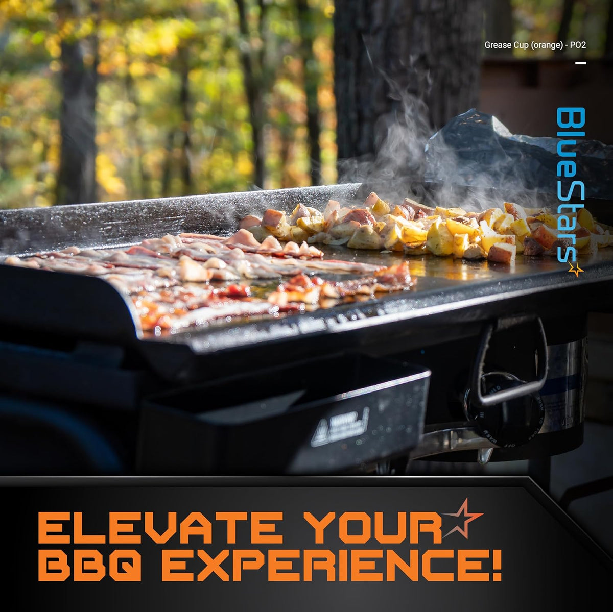 Silicone grease cup liner installed on a Blackstone griddle while cooking bacon and potatoes outdoors.