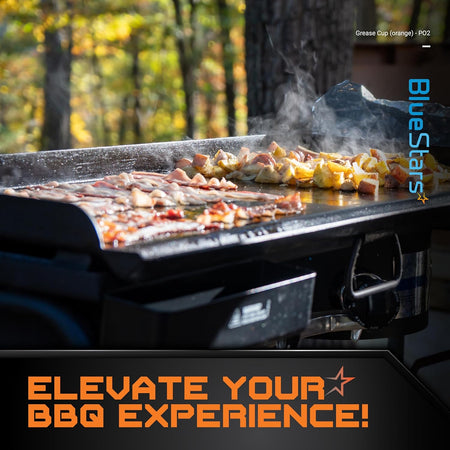 Silicone grease cup liner installed on a Blackstone griddle while cooking bacon and potatoes outdoors.