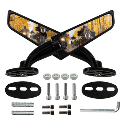 Pair of black motorcycle stealth rear view mirrors with mounting hardware, gaskets, bolts, and hex key.
