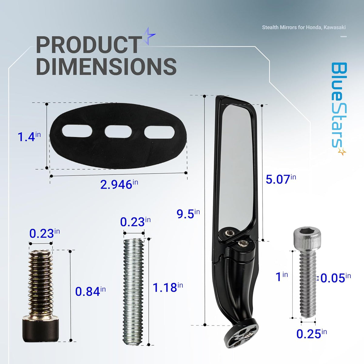 Dimensional diagram showing motorcycle stealth mirror, mounting bracket, and hardware sizes in inches.