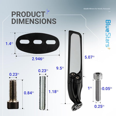 Dimensional diagram showing motorcycle stealth mirror, mounting bracket, and hardware sizes in inches.