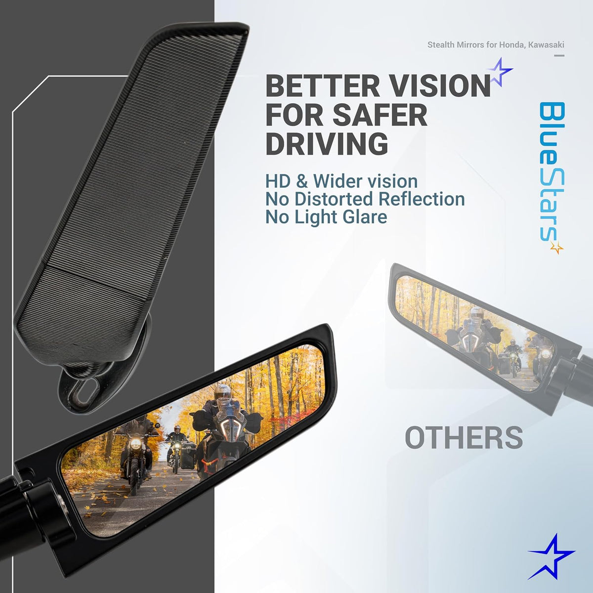 Comparison graphic showing clear reflection quality of motorcycle stealth rear view mirrors versus standard mirrors.