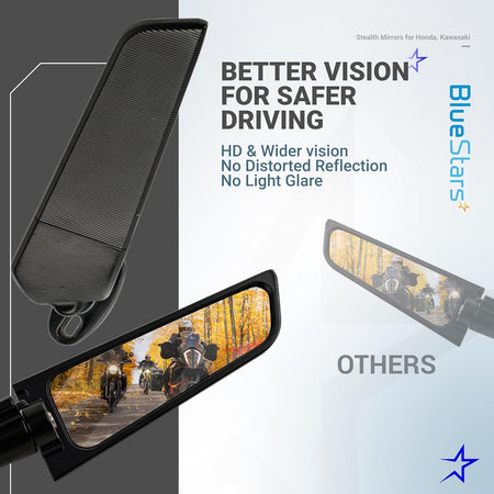 Comparison graphic showing clear reflection quality of motorcycle stealth rear view mirrors versus standard mirrors.