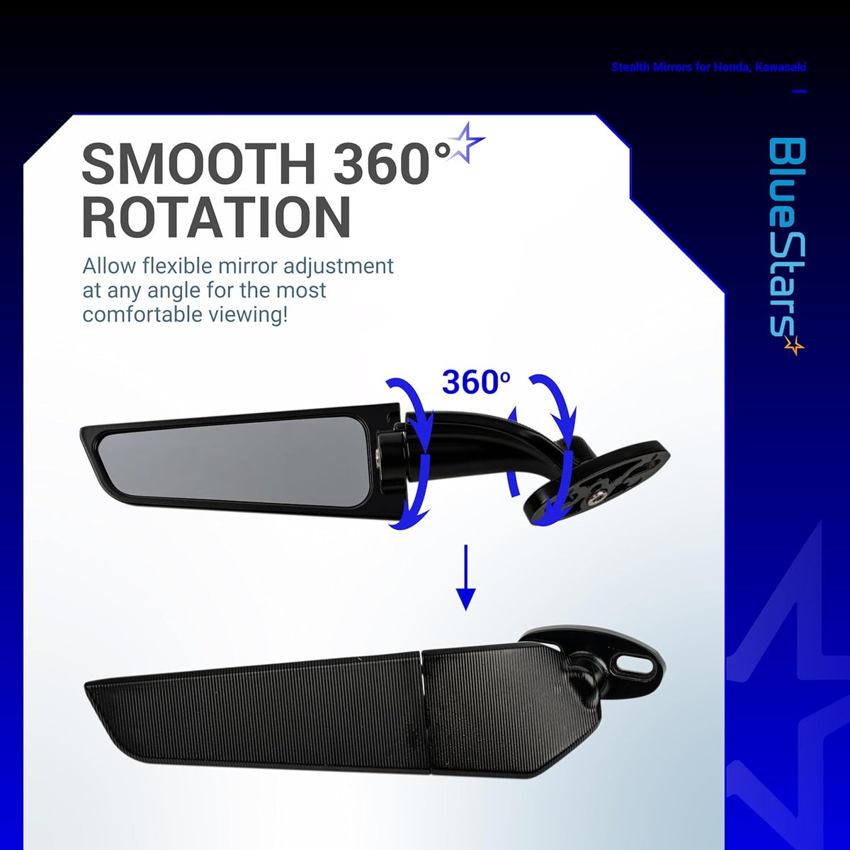 Motorcycle stealth rearview mirror showing 360-degree rotation and adjustable angle features.