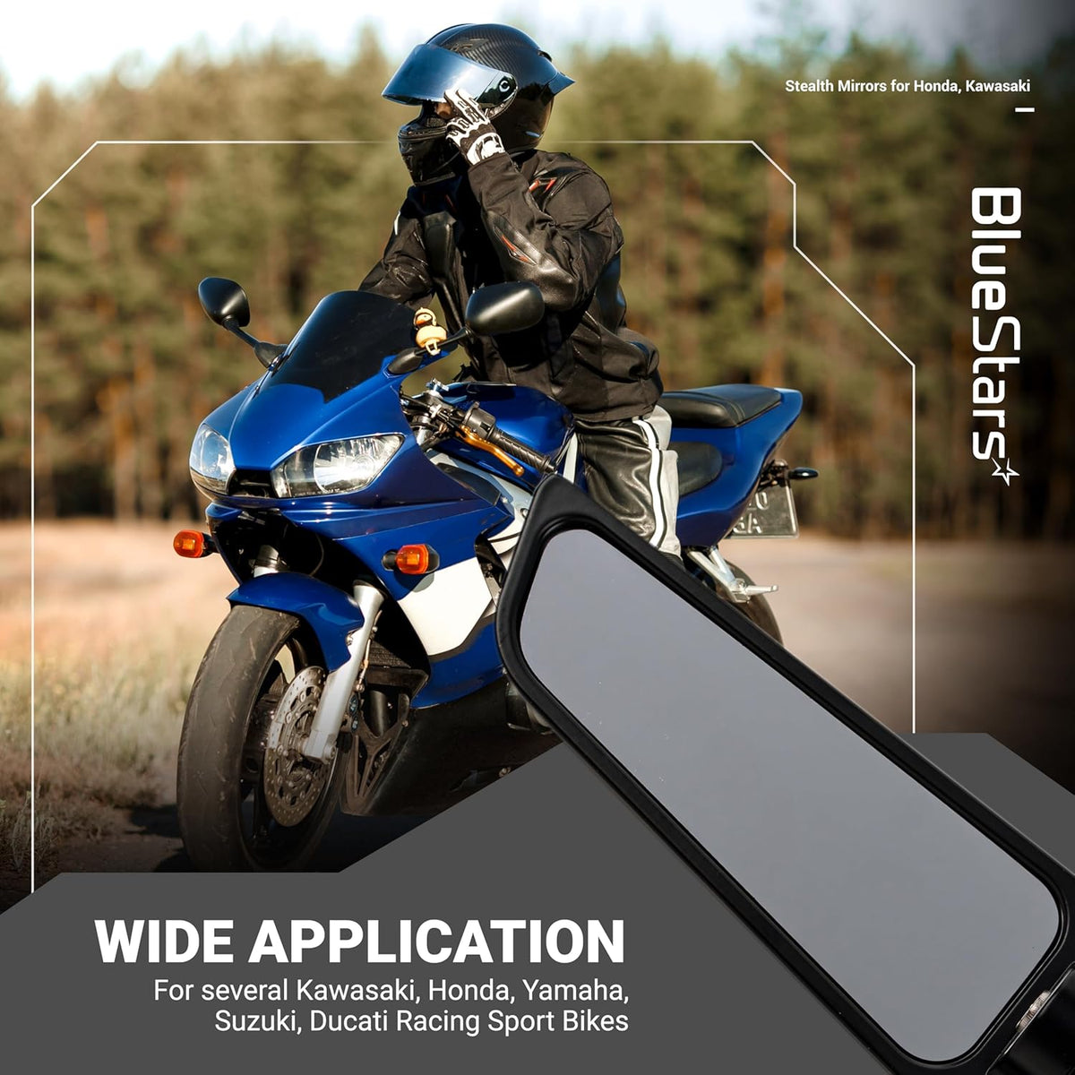 Close-up of a black motorcycle stealth mirror with a sport bike in the background.