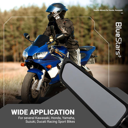 Close-up of a black motorcycle stealth mirror with a sport bike in the background.