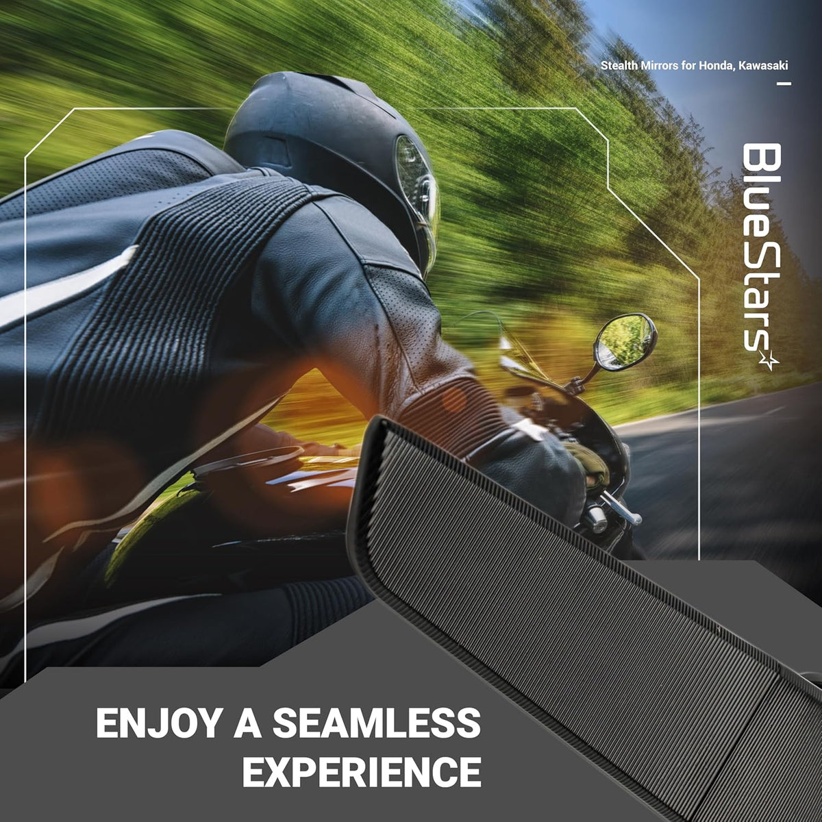 Motorcycle stealth rear view mirror for Honda and Kawasaki sportbikes shown in a lifestyle action shot.