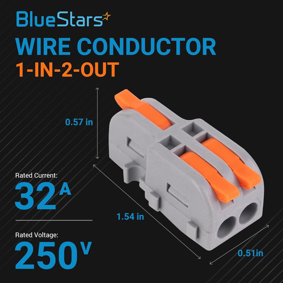 Close-up of a 1-in-2-out compact splicing lever wire connector with 250V 32A specifications and dimensions.