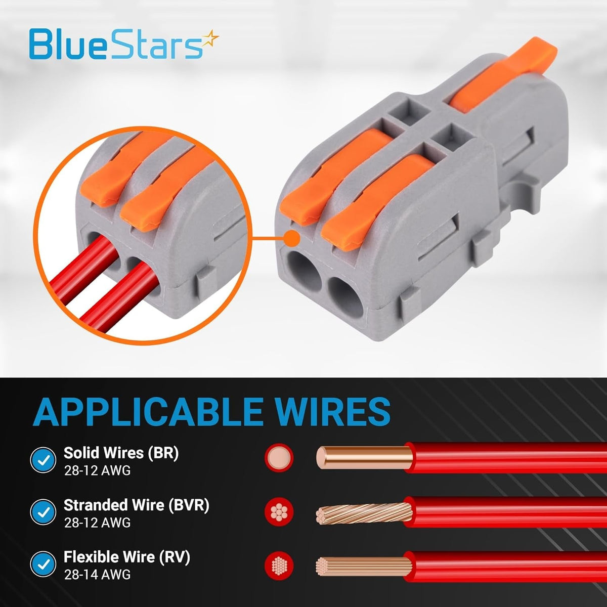 Compact 2-port splicing lever wire connector with wire compatibility chart for solid, stranded, and flexible wires.