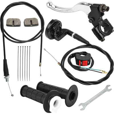 Mini bike throttle kit with grips, brake lever, kill switch, and cable for 7/8 inch handlebars.