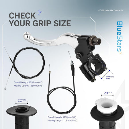 CT100U CC100X mini bike throttle kit components with brake lever, cables, and grip size dimensions for 22mm handlebars.