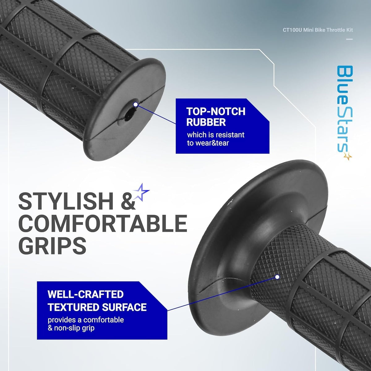 Close-up of textured rubber handlebar grips for CT100U CC100X mini bike throttle kit.