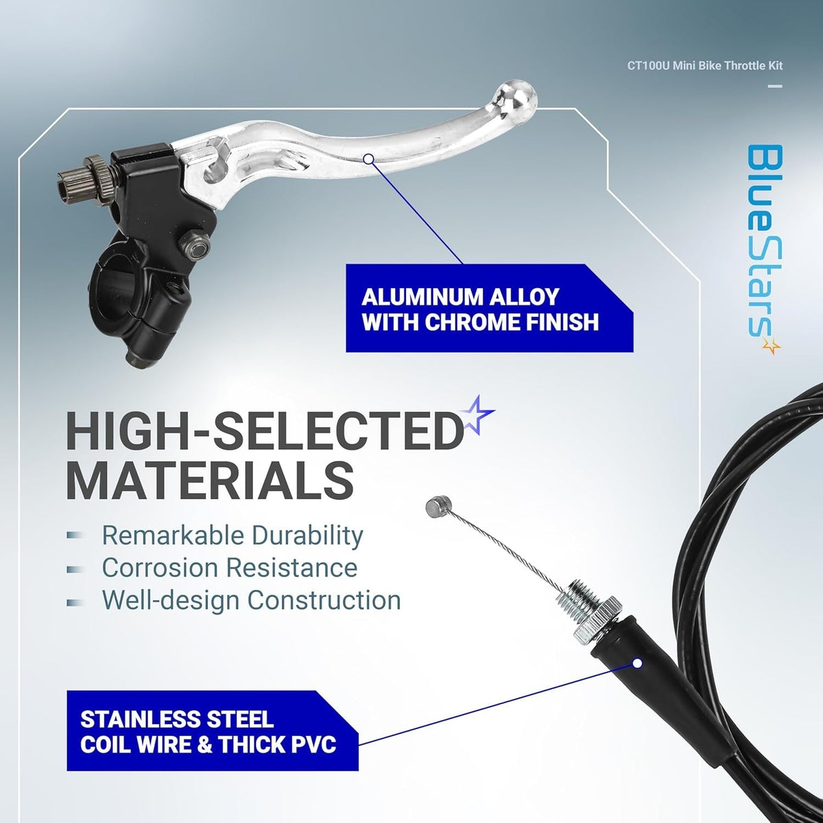 Chrome finish aluminum alloy brake lever and throttle cable for CT100U CC100X mini bike 7/8 inch handlebars.