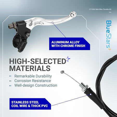 Chrome finish aluminum alloy brake lever and throttle cable for CT100U CC100X mini bike 7/8 inch handlebars.