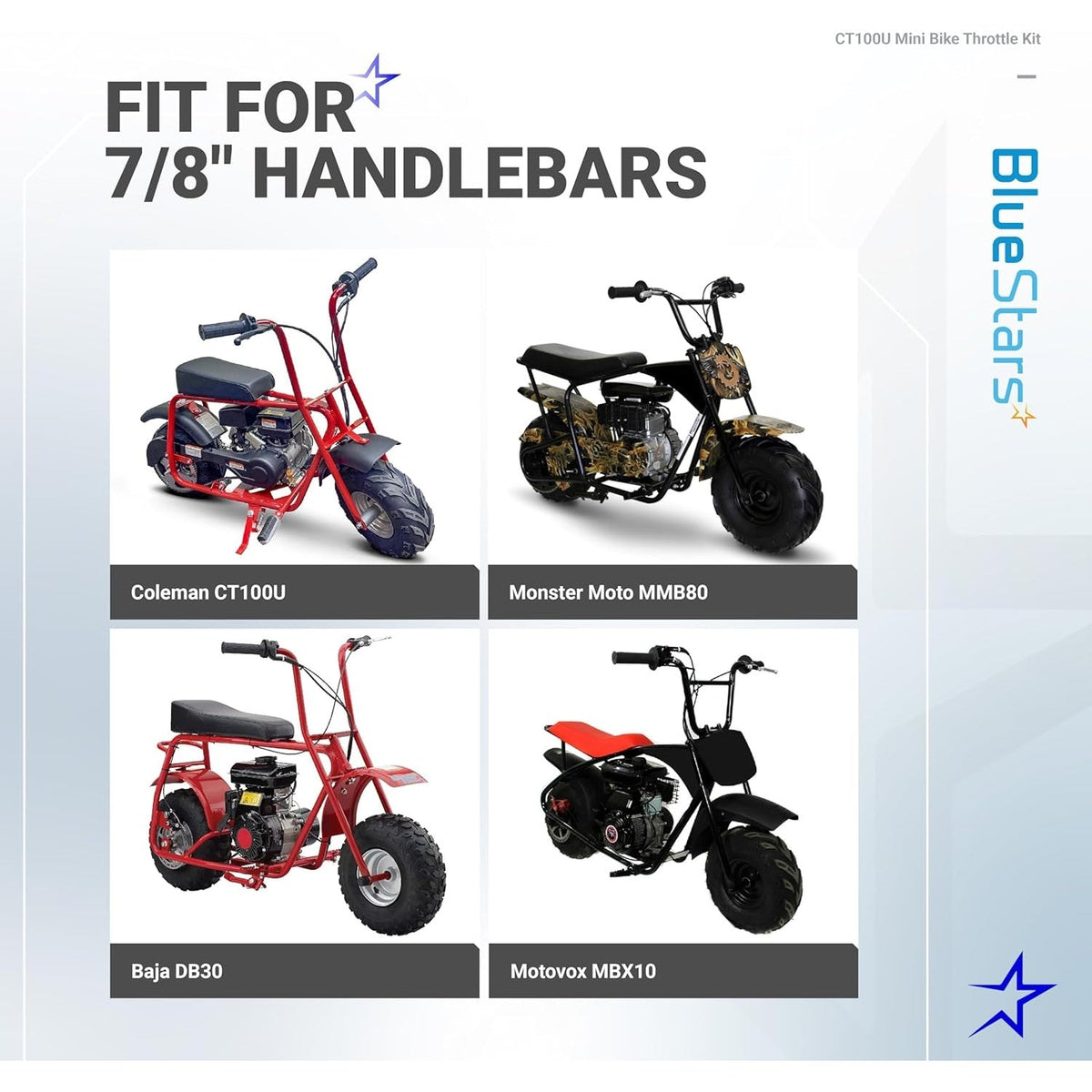 Compatibility chart for CT100U mini bike throttle kit showing fitment for 7/8 inch handlebars on various mini bike models.
