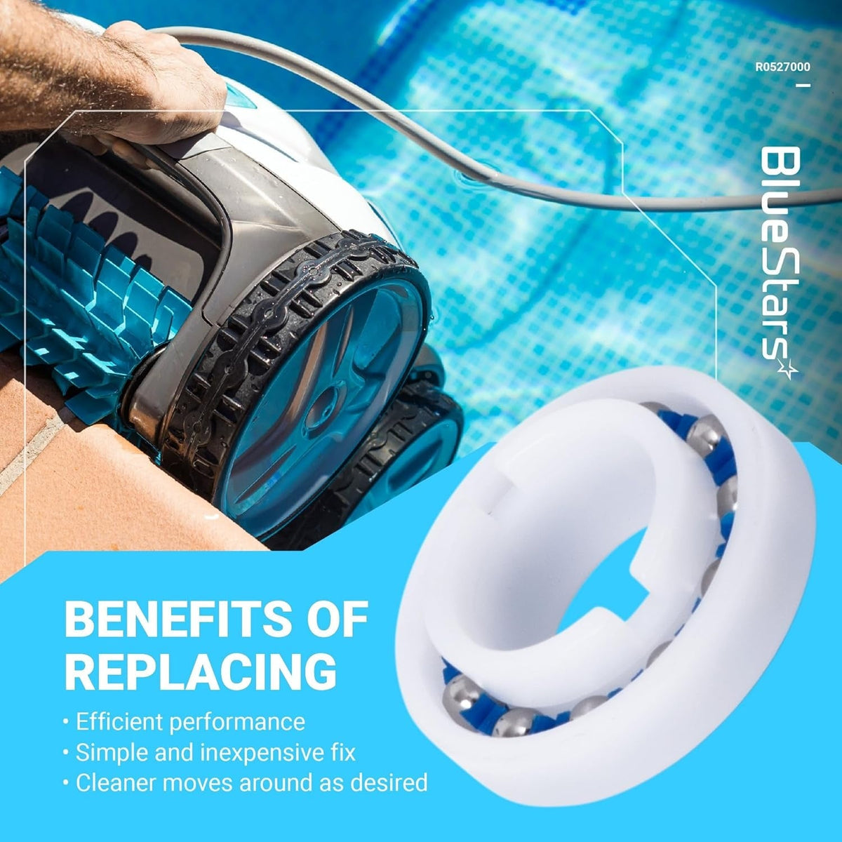 Close-up of R0527000 wheel bearing replacement for Zodiac MX8 and MX6 pool cleaners.