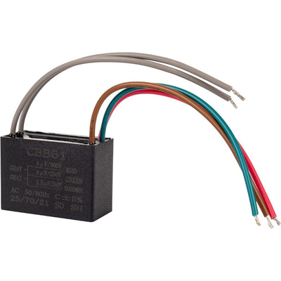 CBB61 5-wire ceiling fan capacitor with 4uf, 4uf, and 2.5uf ratings and color-coded lead wires.