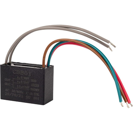 CBB61 5-wire ceiling fan capacitor with 4uf, 4uf, and 2.5uf ratings and color-coded lead wires.