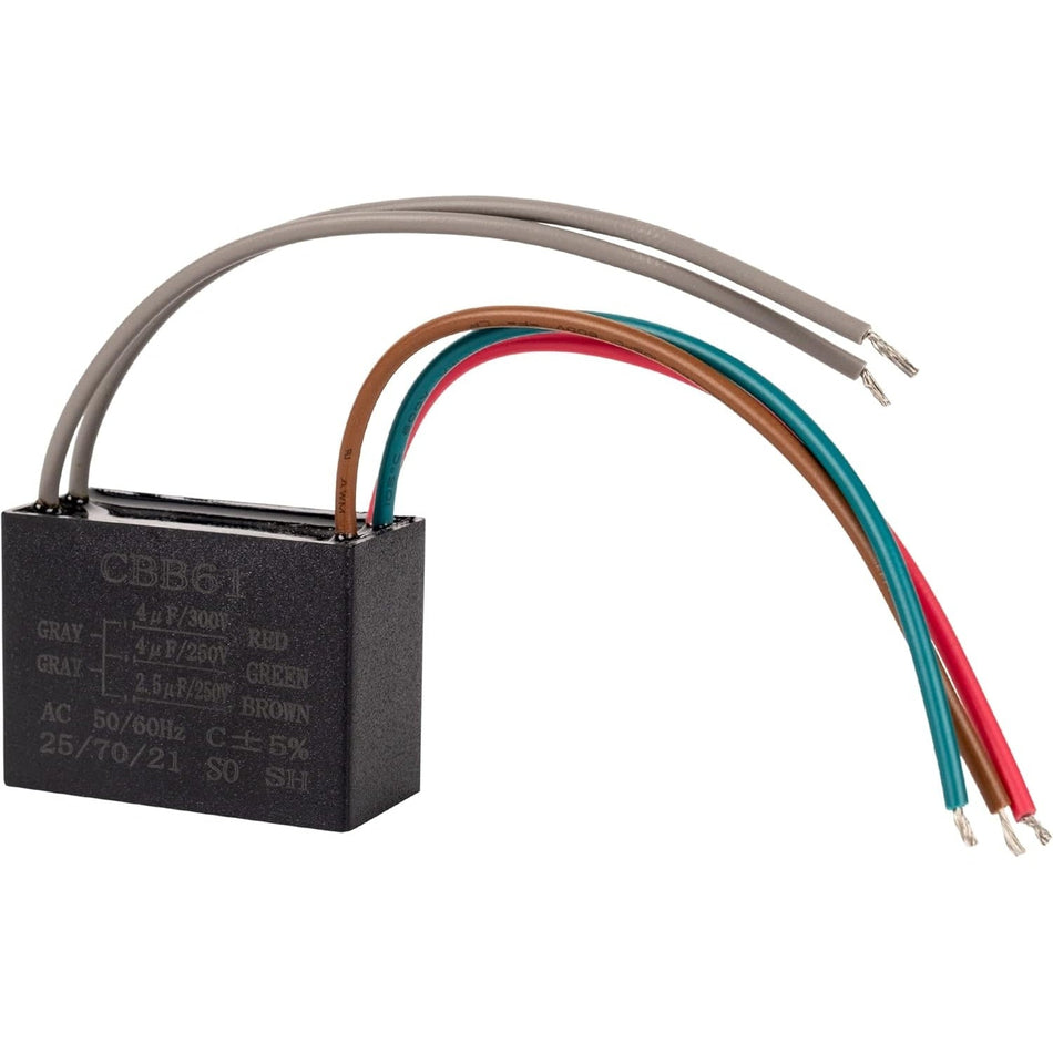 CBB61 5-wire ceiling fan capacitor with 4uf, 4uf, and 2.5uf ratings and color-coded lead wires.