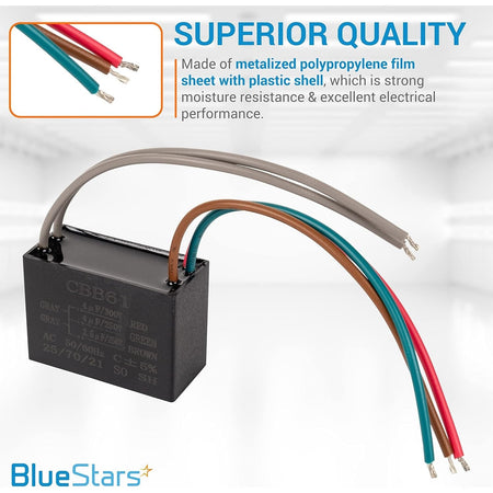 CBB61 5-wire ceiling fan capacitor with 4uf+4uf+2.5uf rating and plastic shell housing.