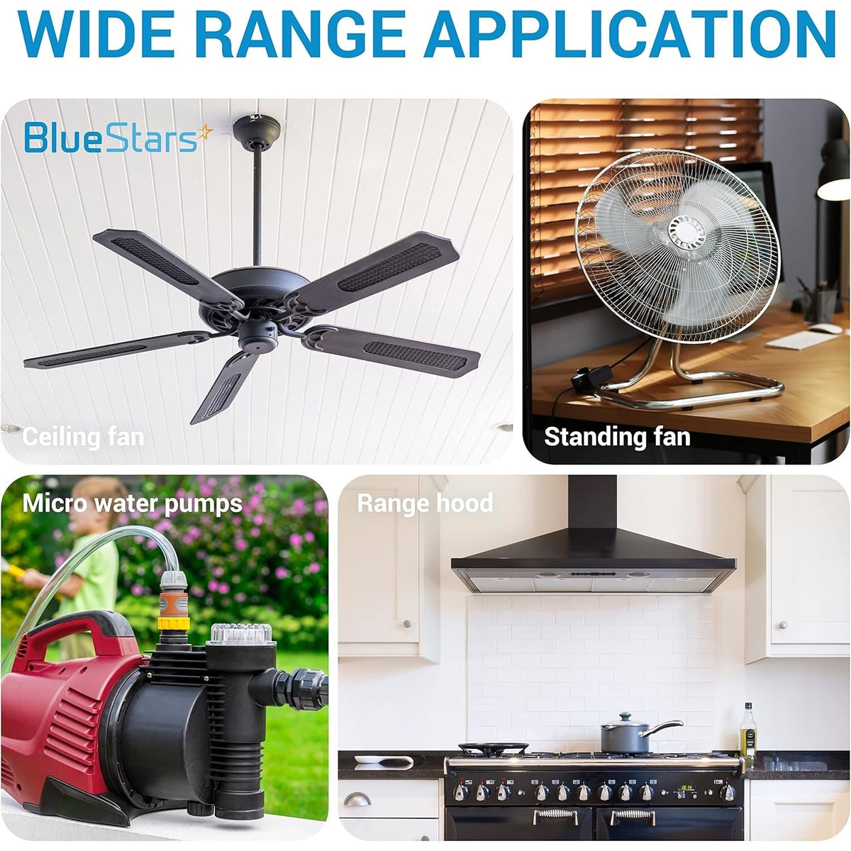 Collage showing wide range applications for CBB61 capacitor including ceiling fans, standing fans, pumps, and range hoods.