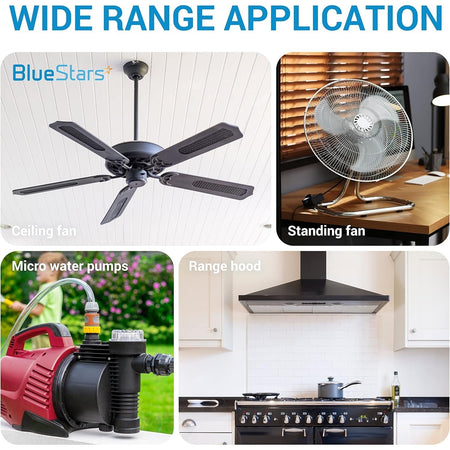 Collage showing wide range applications for CBB61 capacitor including ceiling fans, standing fans, pumps, and range hoods.
