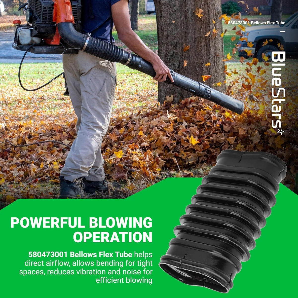 580473001 replacement bellows flex tube for Ryobi backpack leaf blowers shown in a product feature graphic.