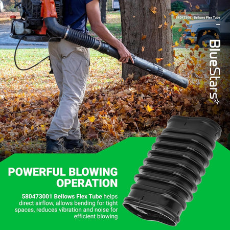 580473001 replacement bellows flex tube for Ryobi backpack leaf blowers shown in a product feature graphic.