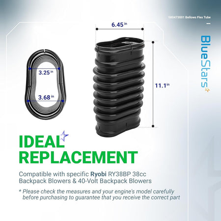 580473001 replacement bellows flex tube for Ryobi backpack leaf blowers with labeled dimensions and compatibility info.