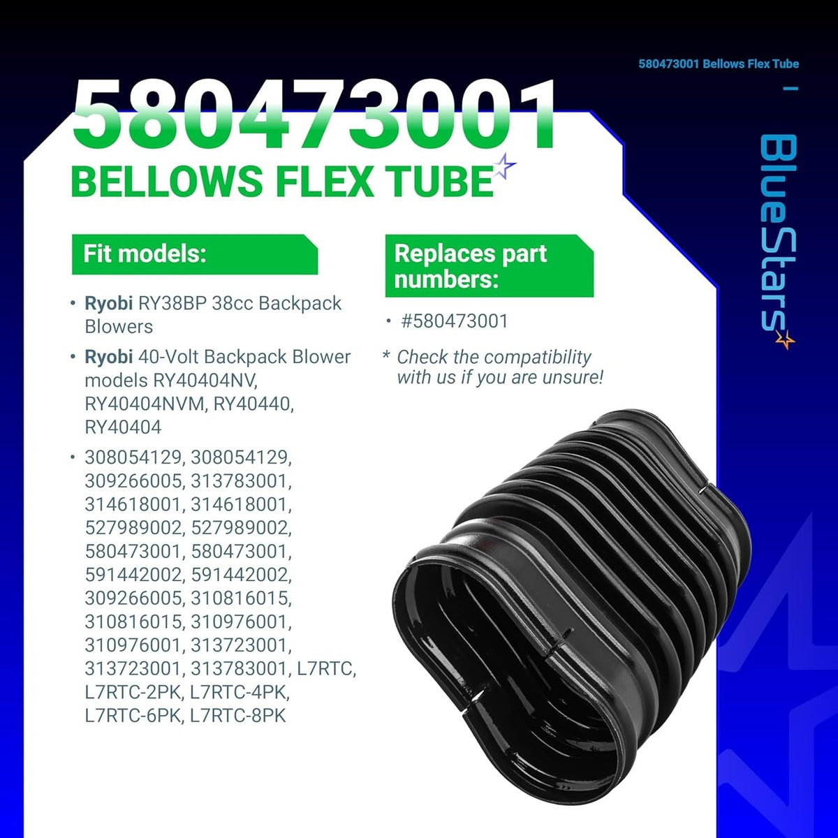 580473001 replacement bellows flex tube for Ryobi backpack leaf blowers shown on an informational product graphic.
