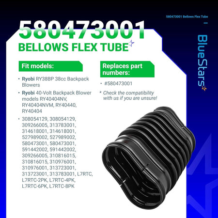 580473001 replacement bellows flex tube for Ryobi backpack leaf blowers shown on an informational product graphic.