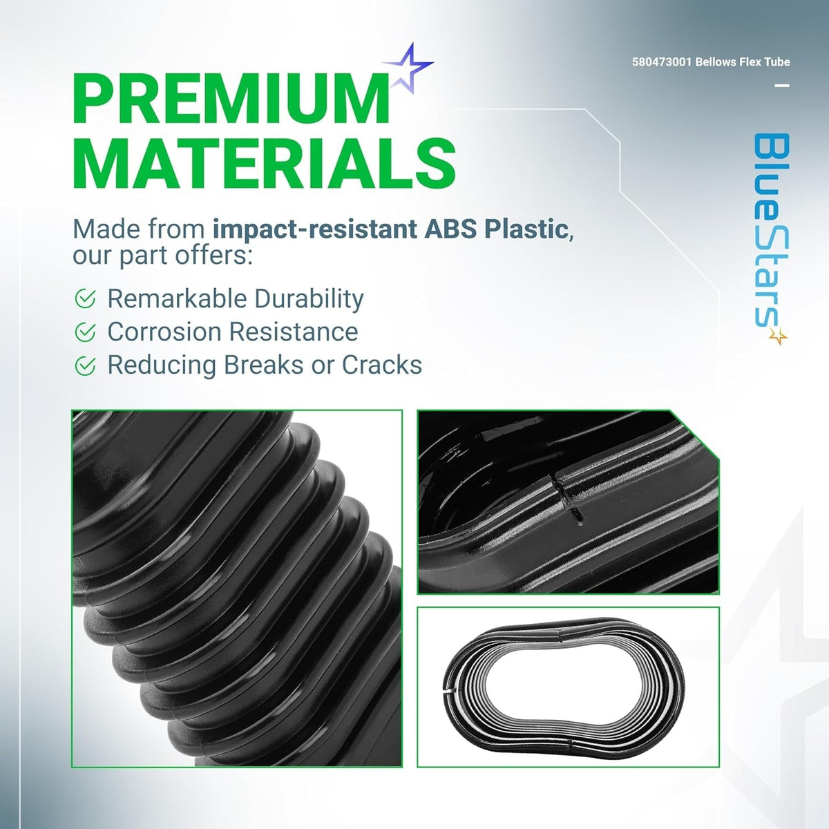 Infographic showing durable ABS plastic construction of 580473001 replacement bellows flex tube for Ryobi leaf blowers.