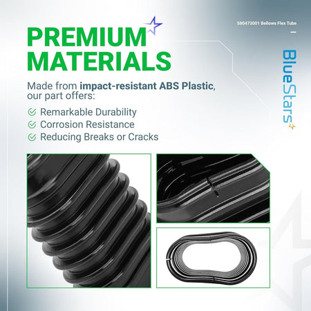 Infographic showing durable ABS plastic construction of 580473001 replacement bellows flex tube for Ryobi leaf blowers.