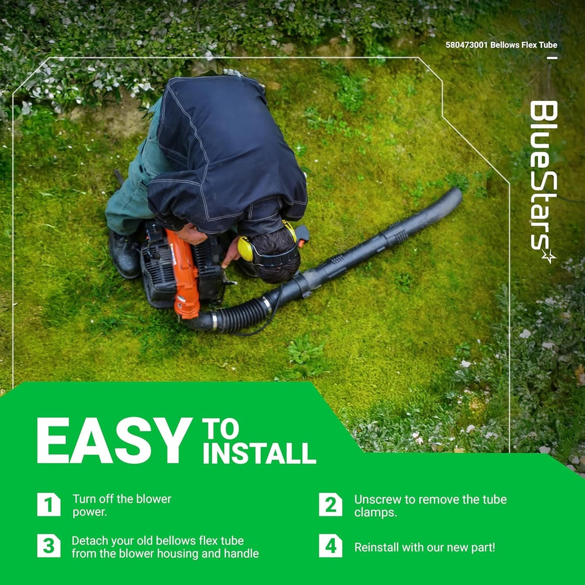 Instructional graphic showing how to install the 580473001 replacement bellows flex tube on a Ryobi backpack blower.