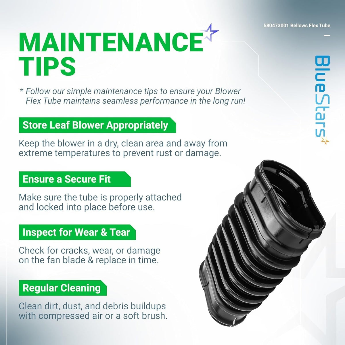 Infographic showing maintenance tips for the 580473001 replacement bellows flex tube for Ryobi leaf blowers.